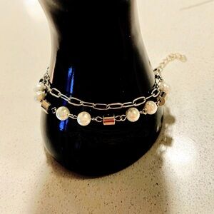 3 Chain Silver and White Pearl Chain Bracelet